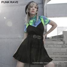 Dark series style spring women dress strap ruffles A line black woven dresses OPQ-928LQF lady clothes wholesale price PUNK RAVE